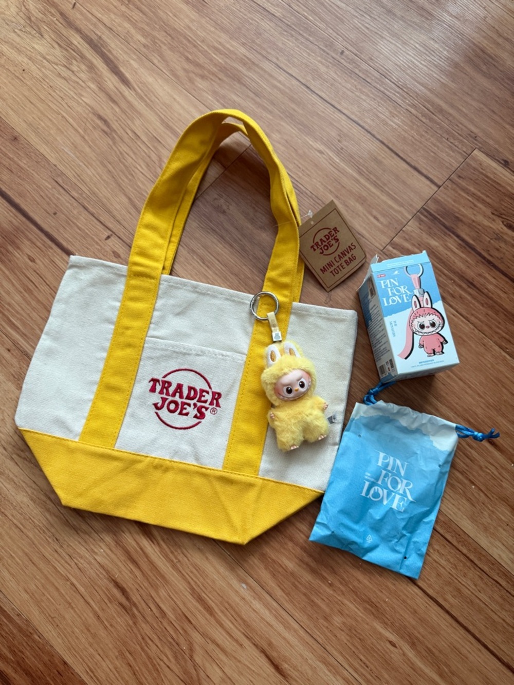 Trader Joe's Yellow Canvas Mini Tote Bag + Labubu (P) Yellow